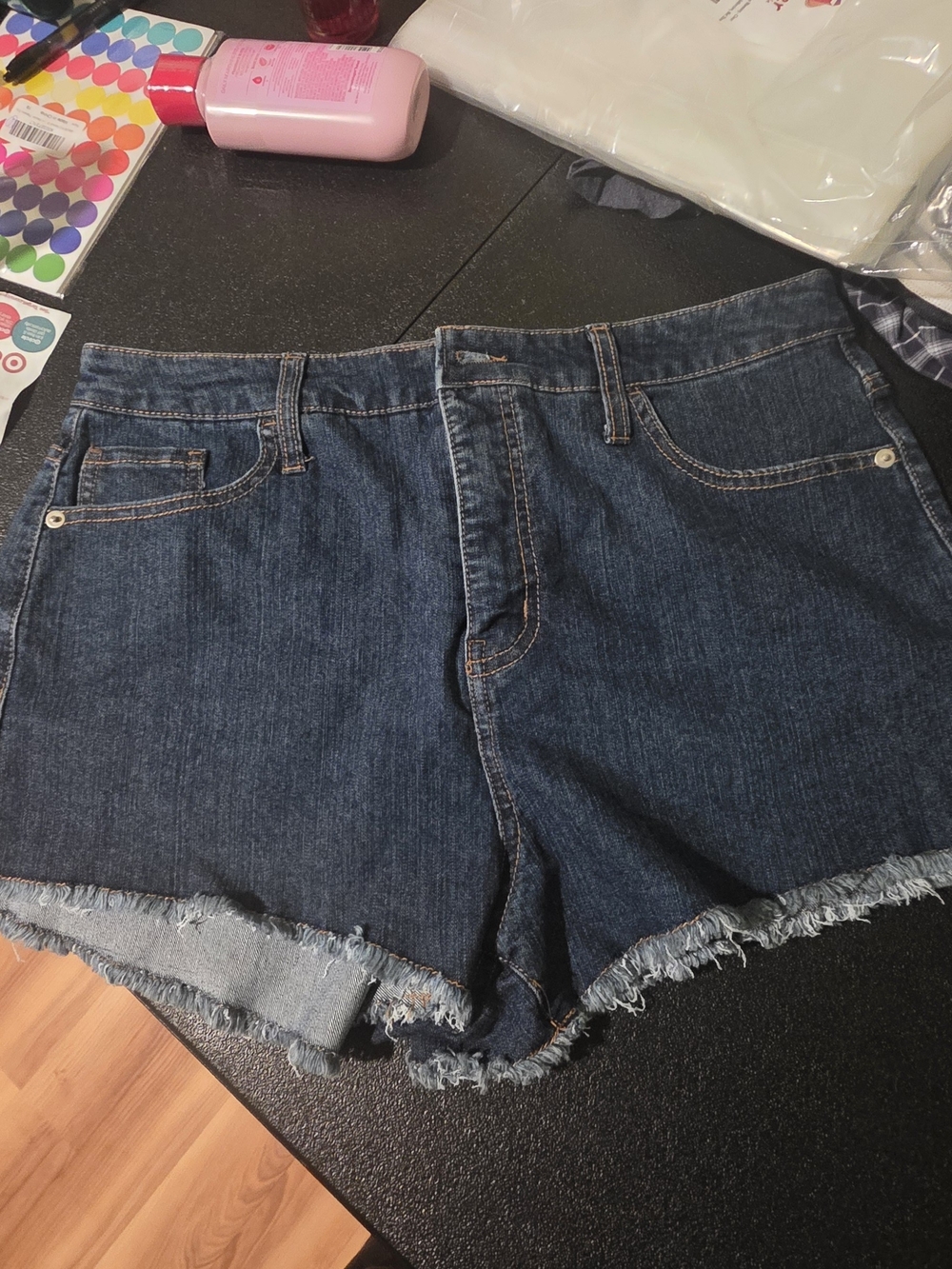 refuge Dark Blue Denim Frayed Hem Shorts